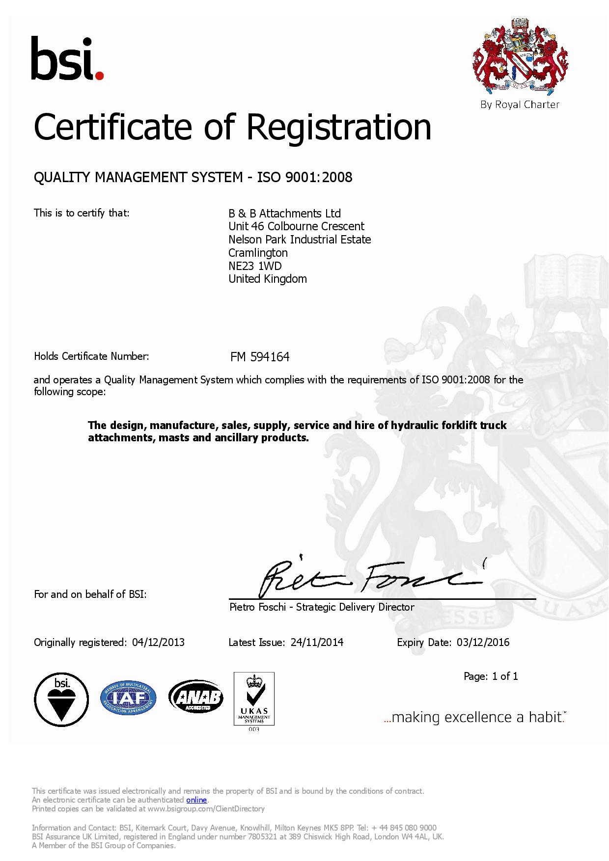 B&B Attachments successfully certified according to ISO 9001:2008
